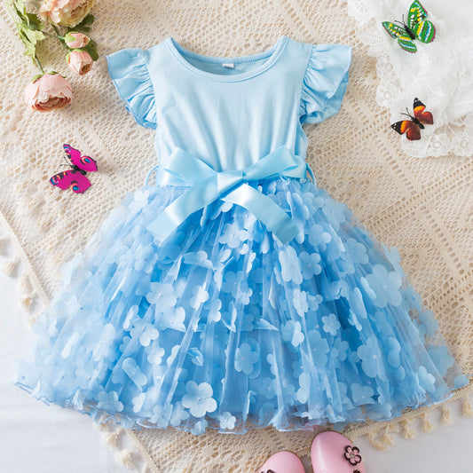 Flutter Sleeve Floral Tulle Dress with Satin Bow