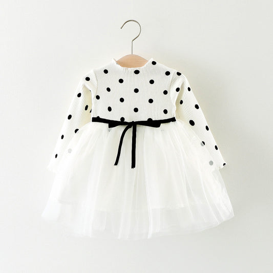Polka Dot Tulle Dress with Ribbon Accent