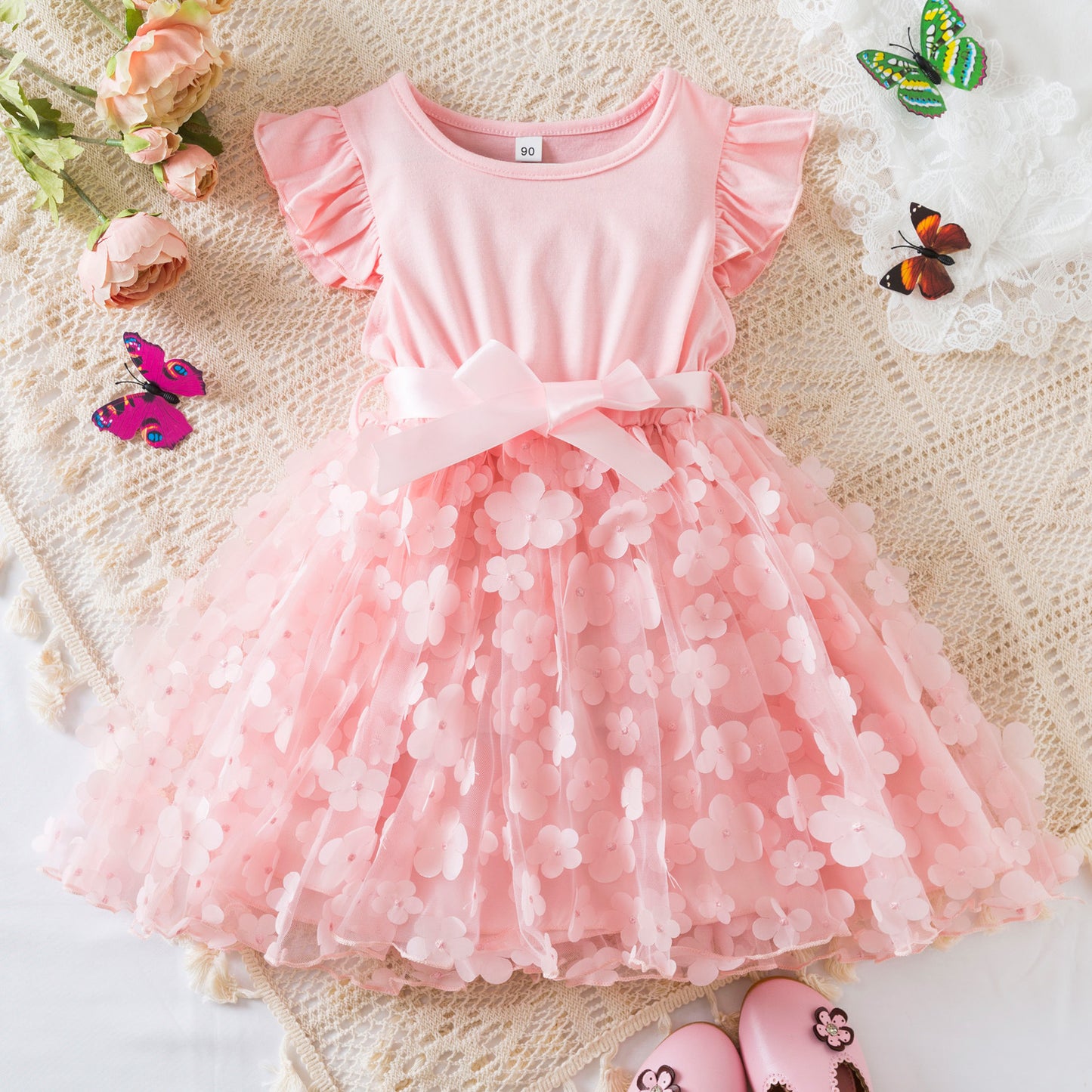 Flutter Sleeve Floral Tulle Dress with Satin Bow