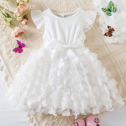 Flutter Sleeve Floral Tulle Dress with Satin Bow