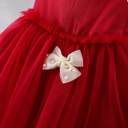 Crimson Pearl Bow Tulle Dress