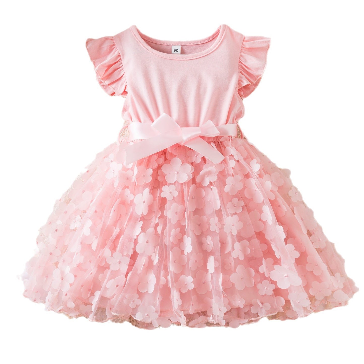 Flutter Sleeve Floral Tulle Dress with Satin Bow