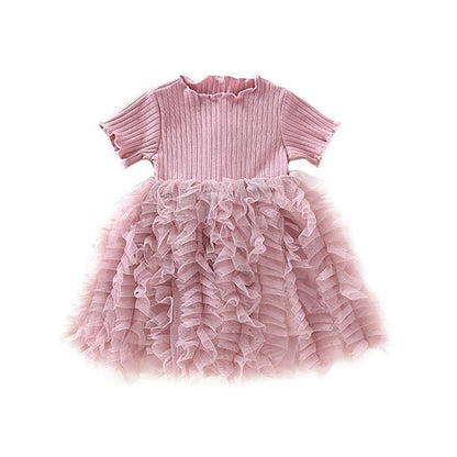 Ribbed Knit Top with Ruffled Tulle Skirt Dress