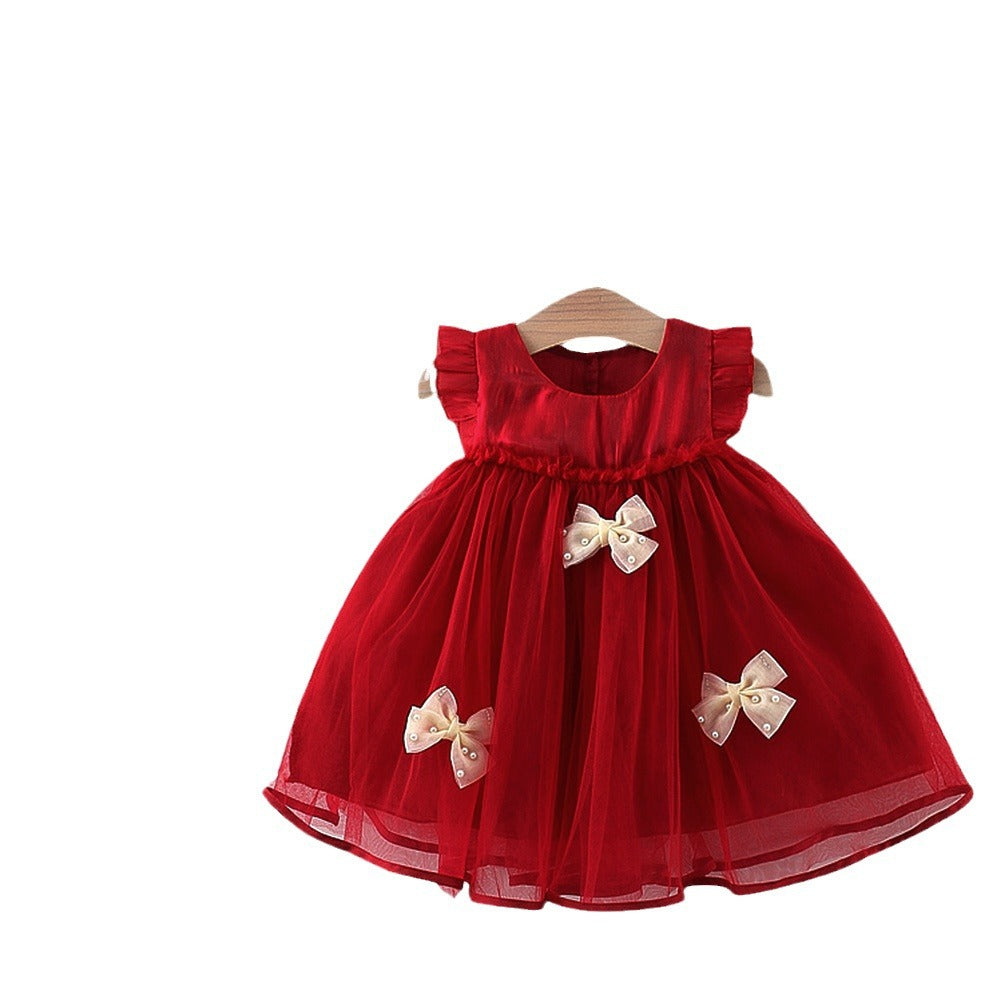 Crimson Pearl Bow Tulle Dress