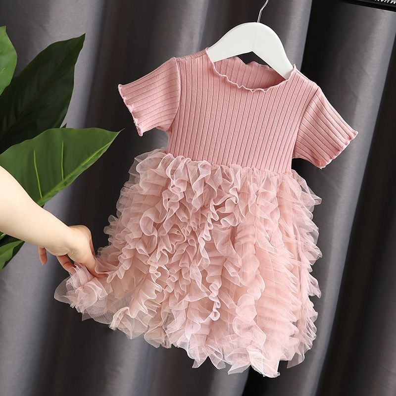 Ribbed Knit Top with Ruffled Tulle Skirt Dress