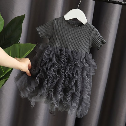 Ribbed Knit Top with Ruffled Tulle Skirt Dress
