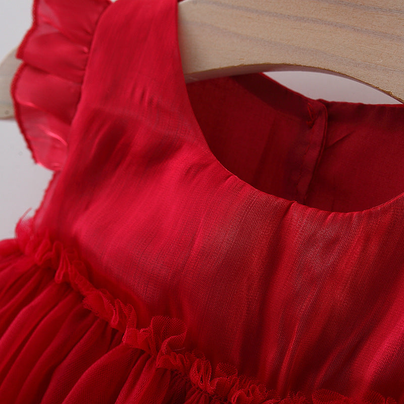 Crimson Pearl Bow Tulle Dress