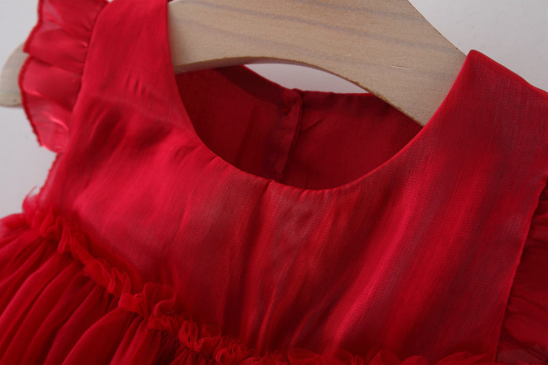 Crimson Pearl Bow Tulle Dress