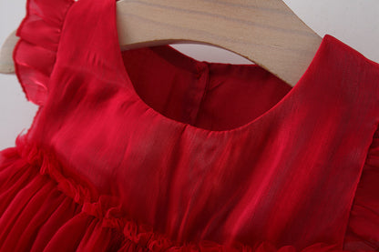 Crimson Pearl Bow Tulle Dress