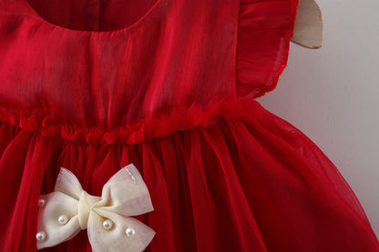 Crimson Pearl Bow Tulle Dress