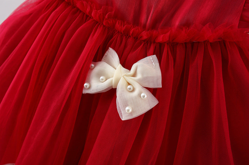 Crimson Pearl Bow Tulle Dress