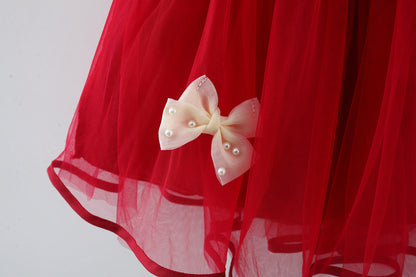 Crimson Pearl Bow Tulle Dress