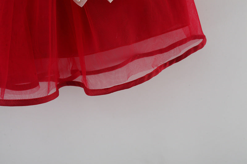 Crimson Pearl Bow Tulle Dress