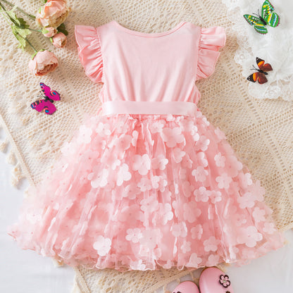 Flutter Sleeve Floral Tulle Dress with Satin Bow
