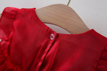 Crimson Pearl Bow Tulle Dress