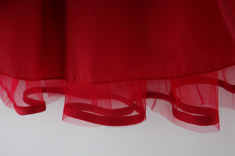 Crimson Pearl Bow Tulle Dress