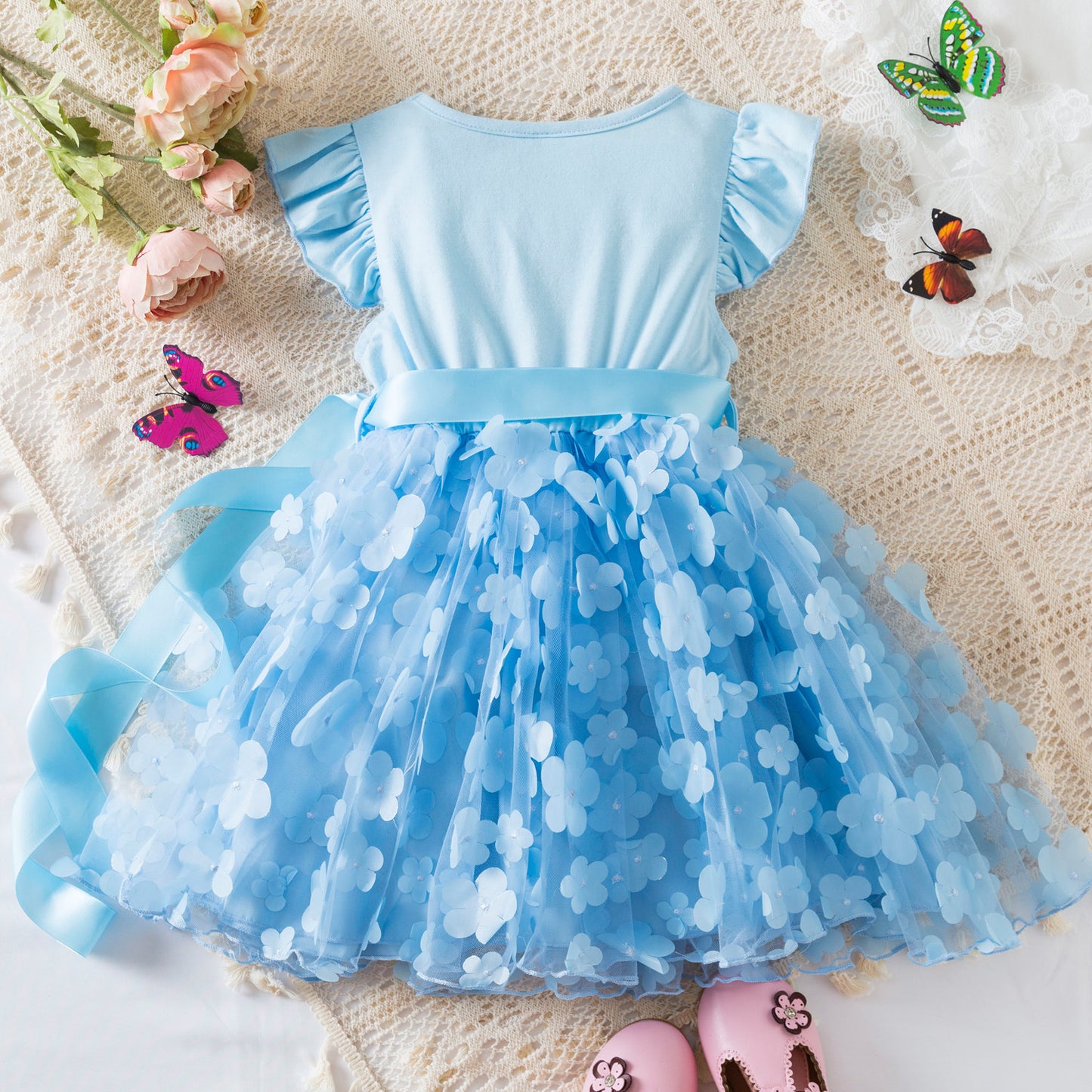 Flutter Sleeve Floral Tulle Dress with Satin Bow