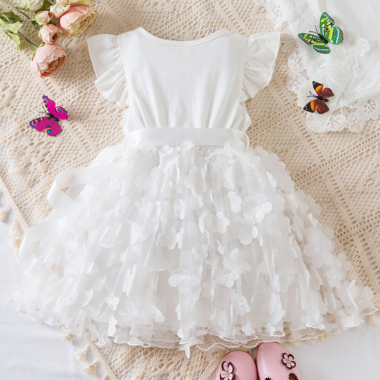 Flutter Sleeve Floral Tulle Dress with Satin Bow
