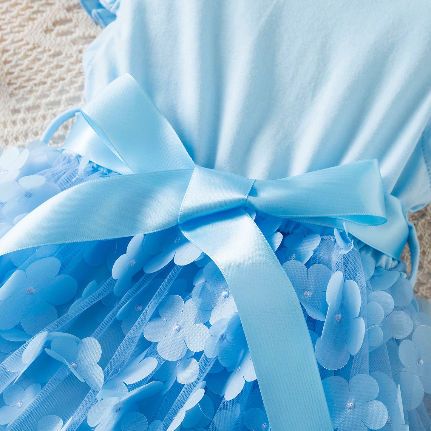 Flutter Sleeve Floral Tulle Dress with Satin Bow