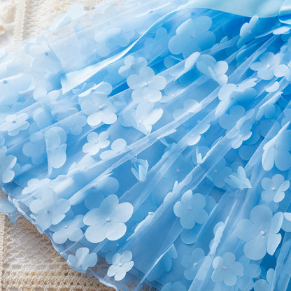 Flutter Sleeve Floral Tulle Dress with Satin Bow