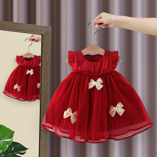 Crimson Pearl Bow Tulle Dress
